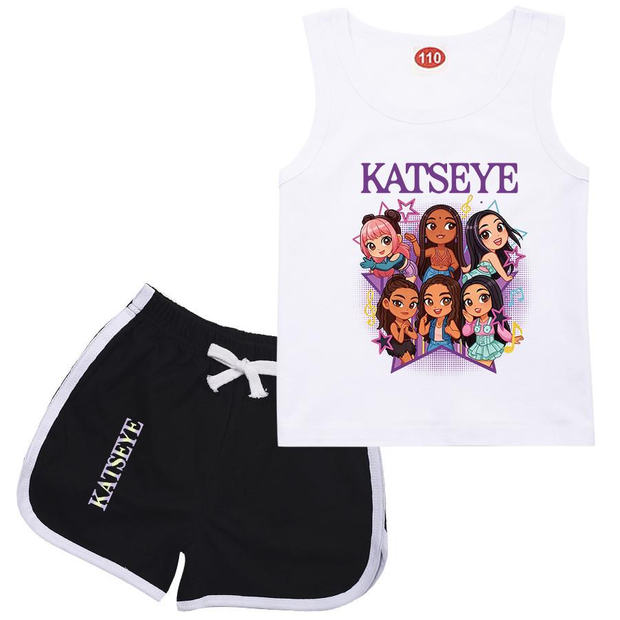 9197 Kids Girls Katseye Printed Sleeveless T-Shirt Tank Top Shorts Clothes Set 100cm белый