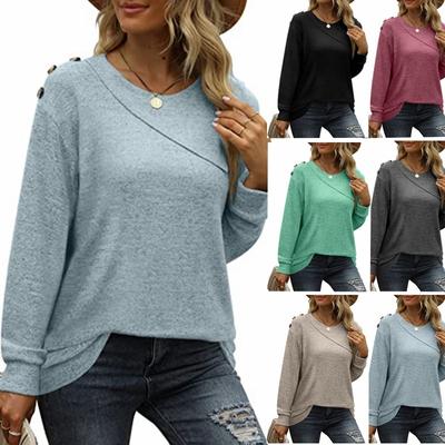Women Plus Size Pullover Double Layer Round Neck Button Long Sleeve Sweatshirt  Loose Casual Solid T-shirt
