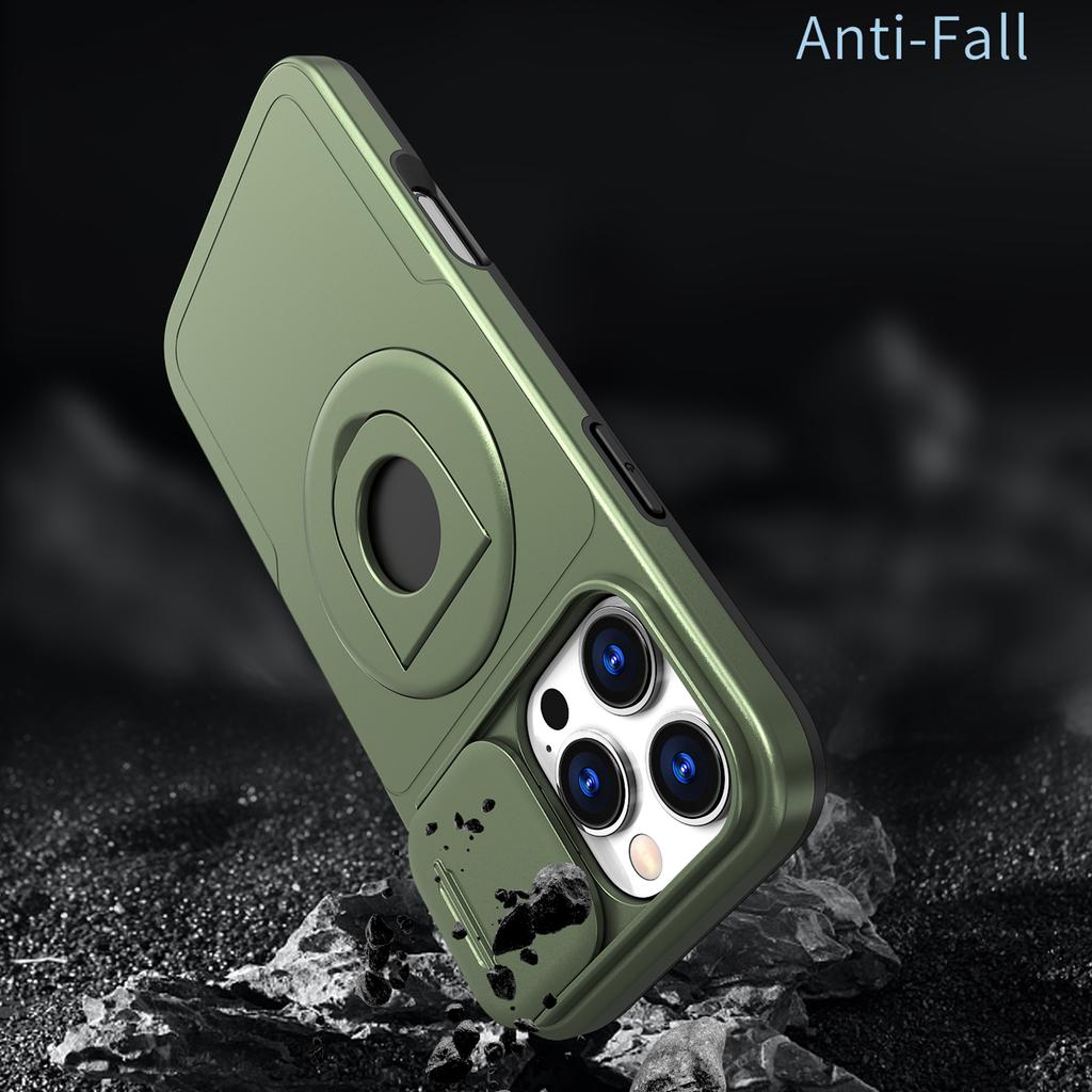 For iPhone 16 Pro Magnetic Phone Case TPU+PC Cover with Kickstand and Slide Lens Lid