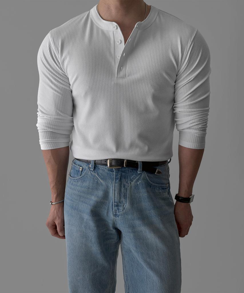 Baulopeulodeogteu Soft Ribbed Muscle Henley Neck Knit Tee [White]