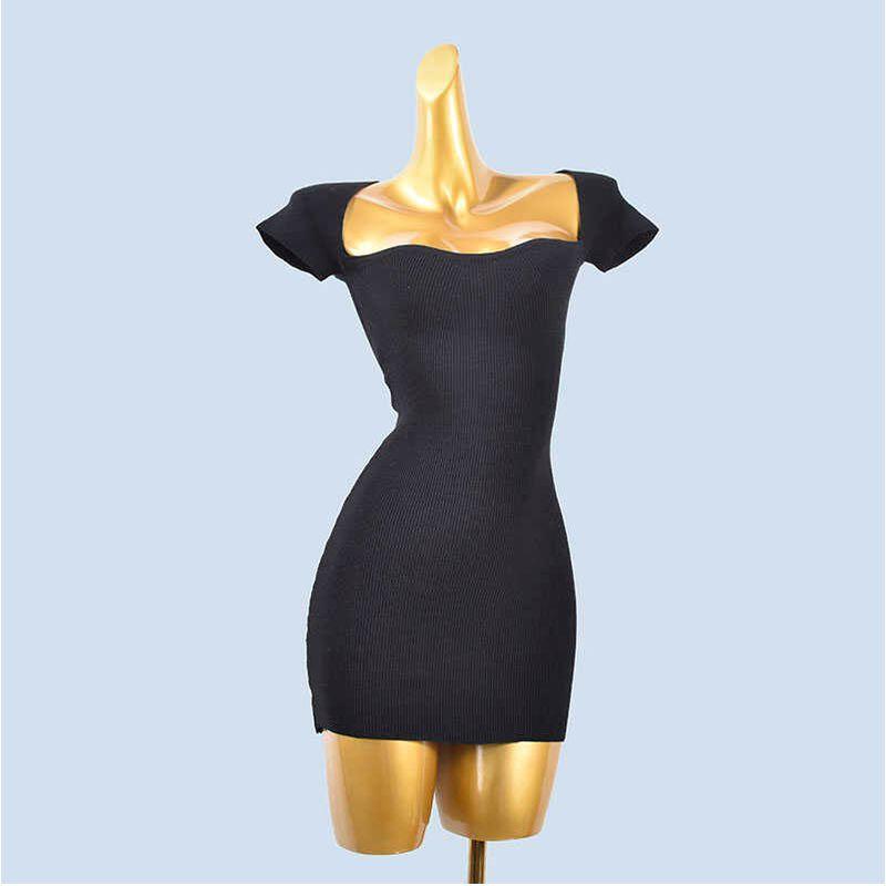 

French Style Knitting Tencel Short Sleeve Short Shipment Dress Female Sexy Outwear Sexy Tight Ice Silk Sheath Small Skirt Black One size