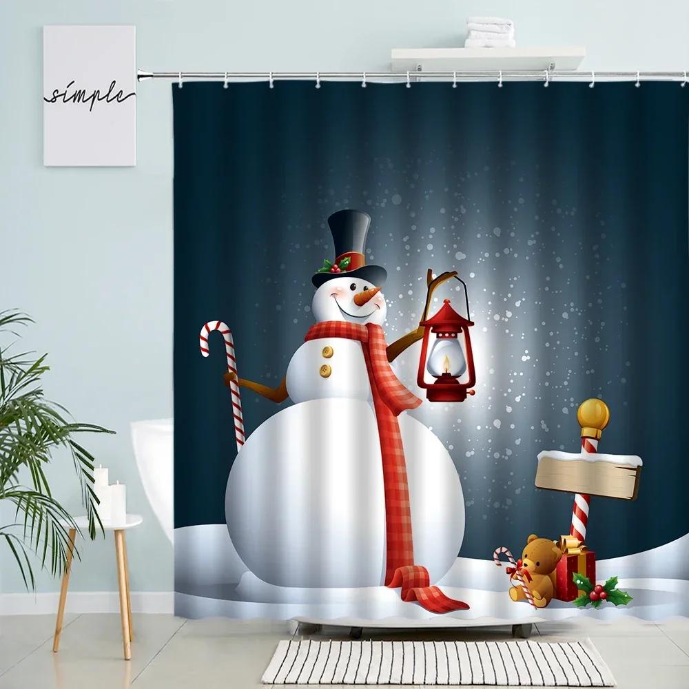 Funny Christmas Snowman Shower Curtains Winter White Forest Cedar Xmas Ball New Year Holiday Decor Bathroom Fabric Bath Curtain