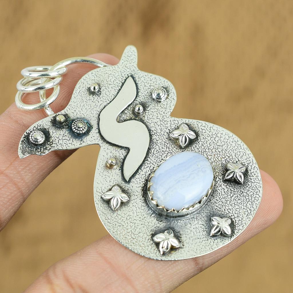 Birthday Gift For Her Natural Blue Lace Agate Gemstone Pendant 925 Silver