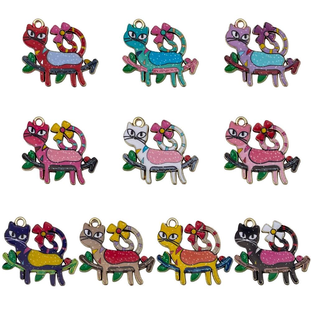 10 Colorful Enamel Alloy Cat Pendant Charms for DIY Jewelry