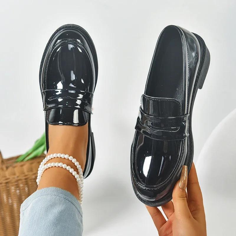 Fashion Women' S Fashion Pointed Toe Pu Leather Loafers Retro Thick Sole Square Pumps for Ladies 2025 Outwear Platform Shoes Mujer