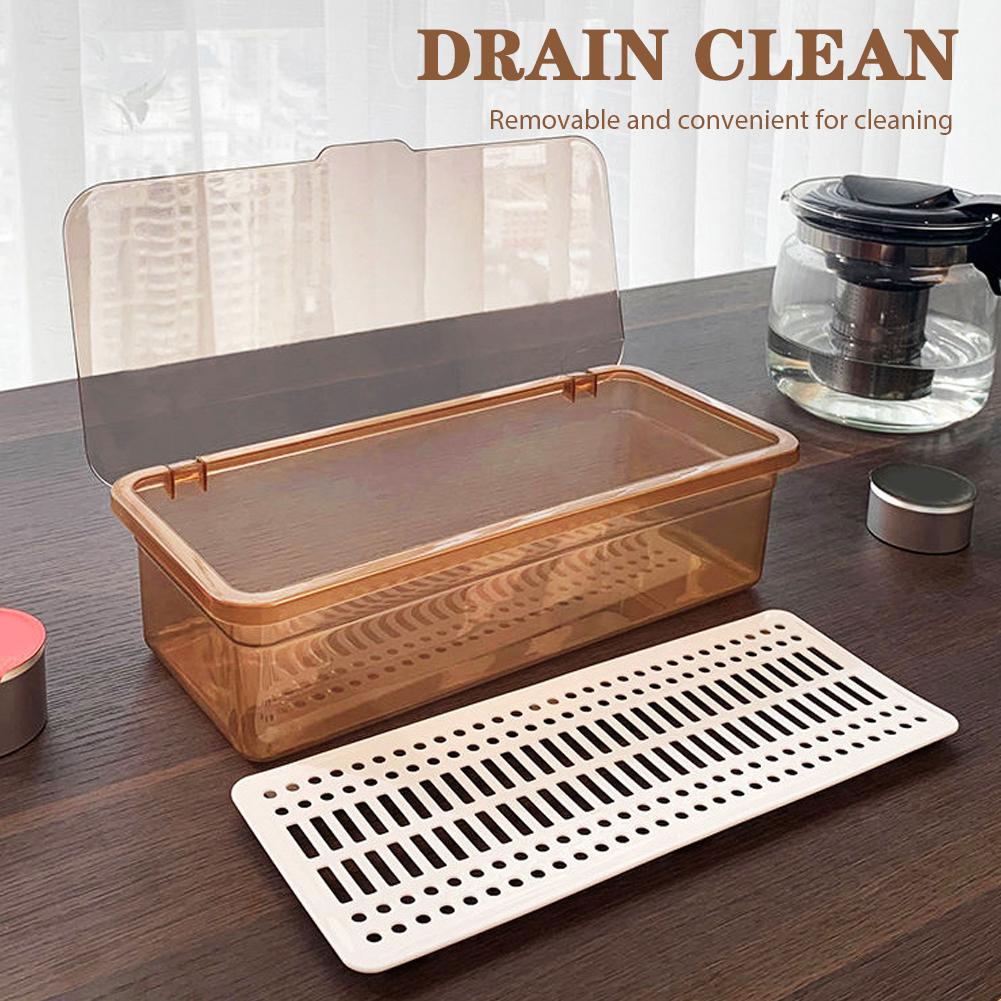 Tea Set Storage Box Transparent Cutlery Tray With Lid Drain Large Capacity Dustproof Cutlery Holder Desktop Dustproof With Cover
