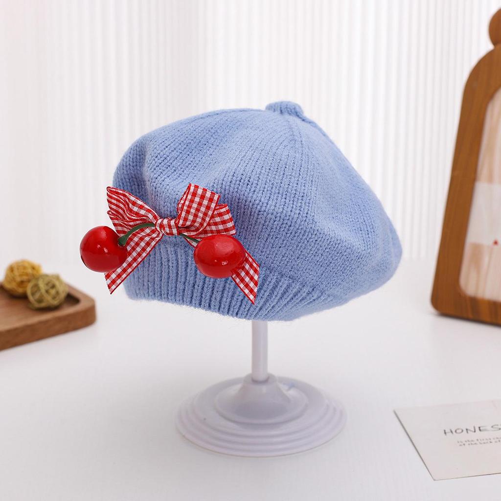 Charming Woolen Beret with Bow & Cherry for Kids - Autumn & Winter Solid Color Hat