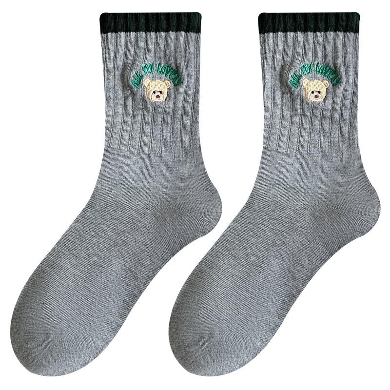 Women's Mid-Calf Cotton Socks - Embroidered Little Bear, Autumn & Winter, Breathable & Skin-Friendly Casual Socks