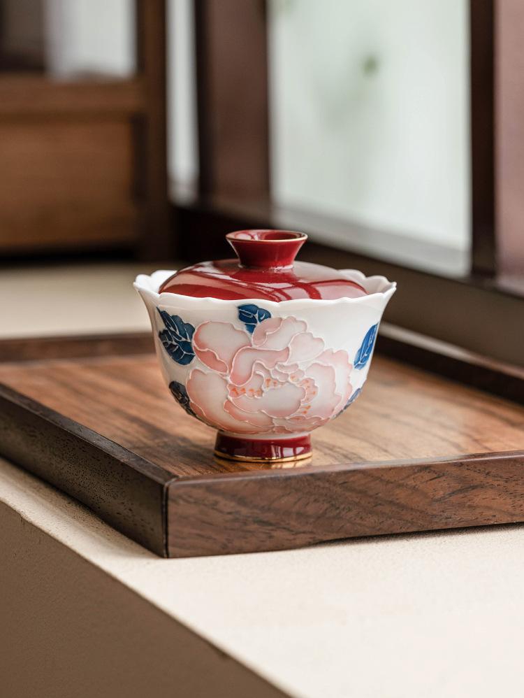 Hand-painted Relief Gold Peony Flower Lid Bowl Tea Cup Single High-end Kung Fu Tea Set Ceramic Tea Bowl with Lid