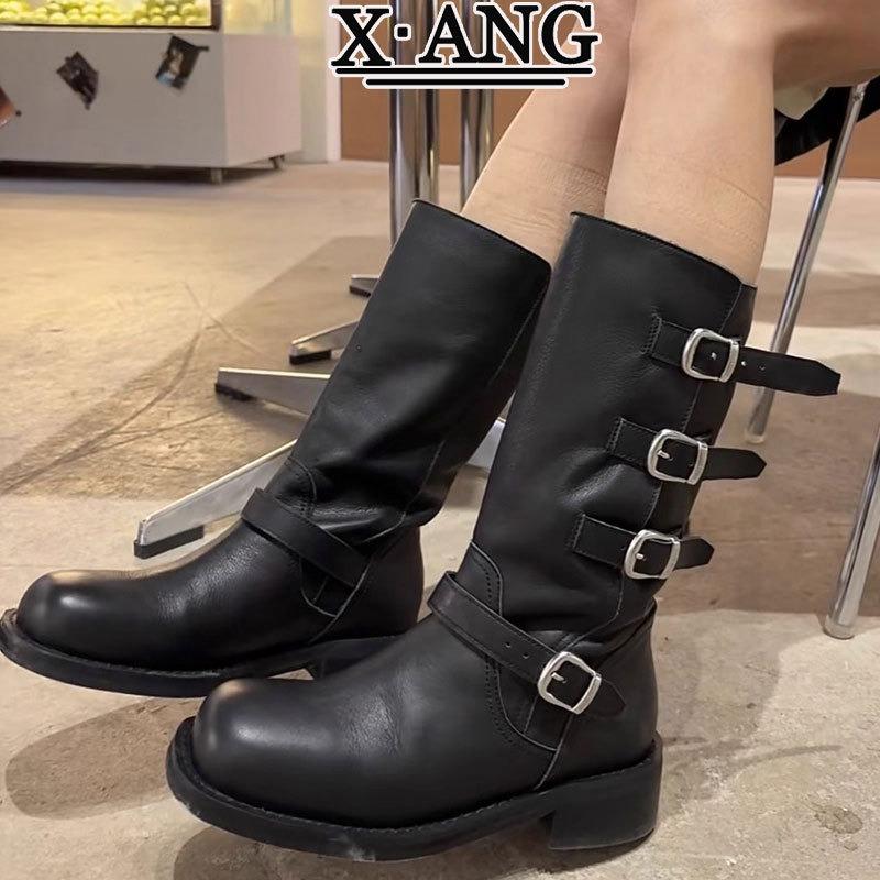 Spice Girl Belt Buckle Pile Boots Women's Leather But Knee Boots High Boots Brown Big Tubular Rider Boots