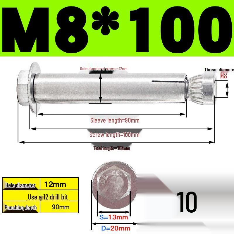 Stainless Steel Expansion Screw: Hexagonal Head with Internal Expansion (304/201), Sizes M6, M8, M10, M12.