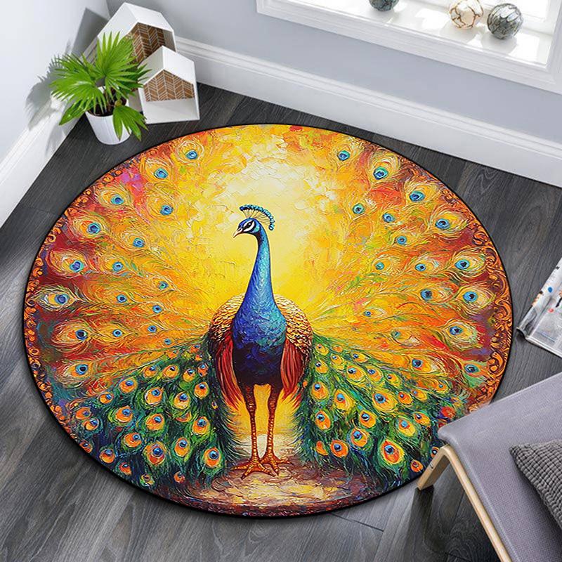 Peacock Round Area Rug,Carpet Rug for Living Room Bedroom Sofa Playroom Decor,Non-slip Floor Mat