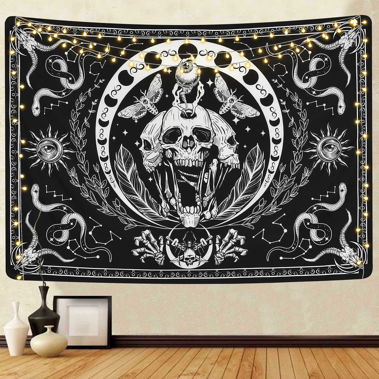 VIKAMA Halloween Tapestry Black and White Psychedelic Skull Tapestry Living Room Bedroom Holiday Party Decorative Tapestry 74x94cm(29x37in)