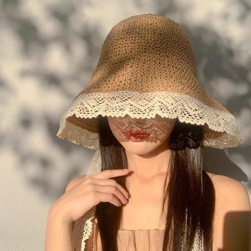 New Women'S Lace Sun Hat Wide Along The Beach Hat Summer Straw Hat Folding Sun Hat Head Women'S Beach Uv Protection Hat