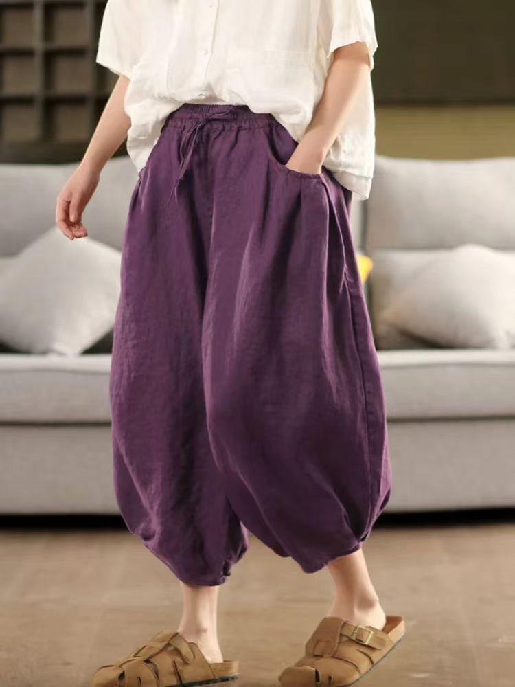 Johnature Women Harem Pants Elastic Waist Pockets Belt Trousers Summer Solid Color Loose Female Calf Length Pants