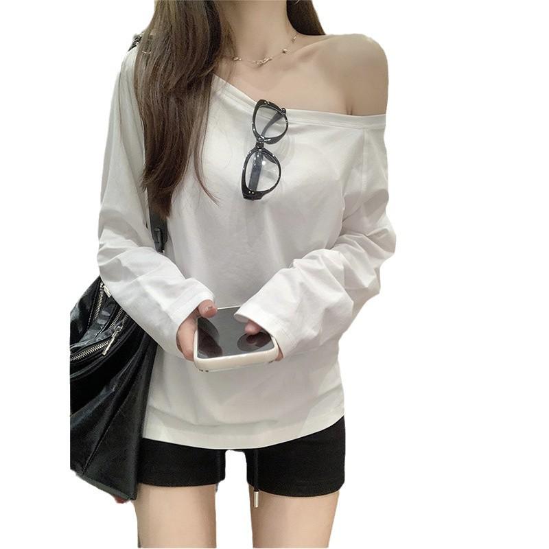 Gray Pure Cotton Off-Shoulder Long-Sleeve Women's T-Shirt - Loose Fit, Spring/Autumn Stylish and Sexy Top