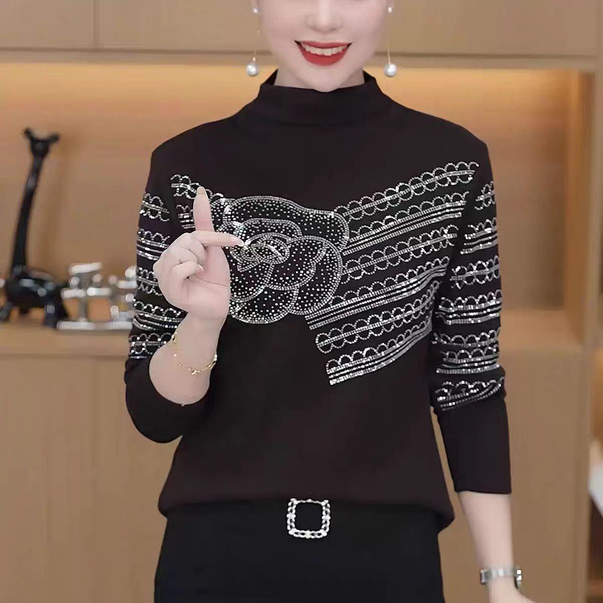 

Elegant Rhinestone Half-High Collar Top for Middle-Aged Women - Autumn/Winter Fashion 2XL темно-фиолетового