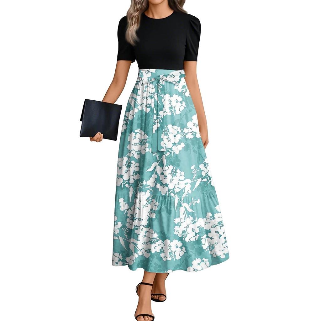 Women's Floral Print High Waist Fashionable And Elegant Dress