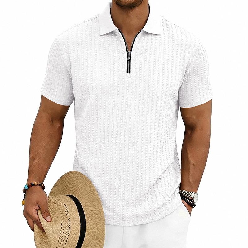 Men Vertical Cable Knit Half Zip Polo Shirt Short Sleeve Solid Slim Fit Casual Top
