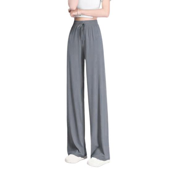Women Pants Elastic High Waist Adjustable Drawstring Casual Trousers Solid Color Loose Fit Wide Leg Summer Thin Long Pants