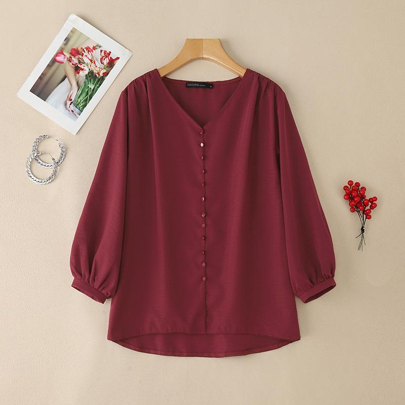 

ZANZEA Women Casual V-Neck Solid Color 3/4 Sleeve Loose Blouse