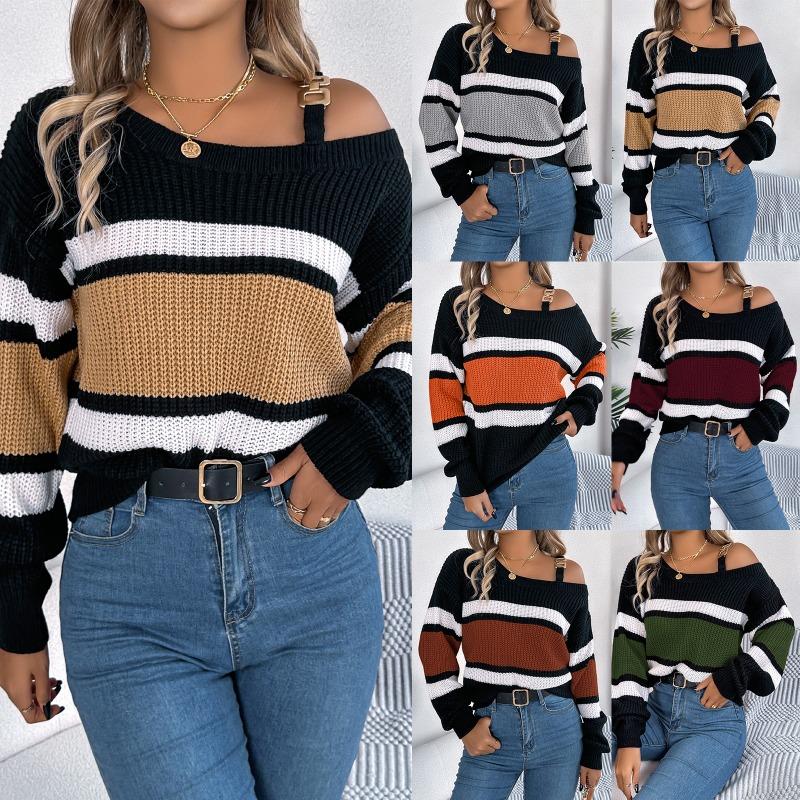 Casual Autumn Winter Color Block Striped Off Shoulder Lantern Sleeve Pullover Sweater For Women