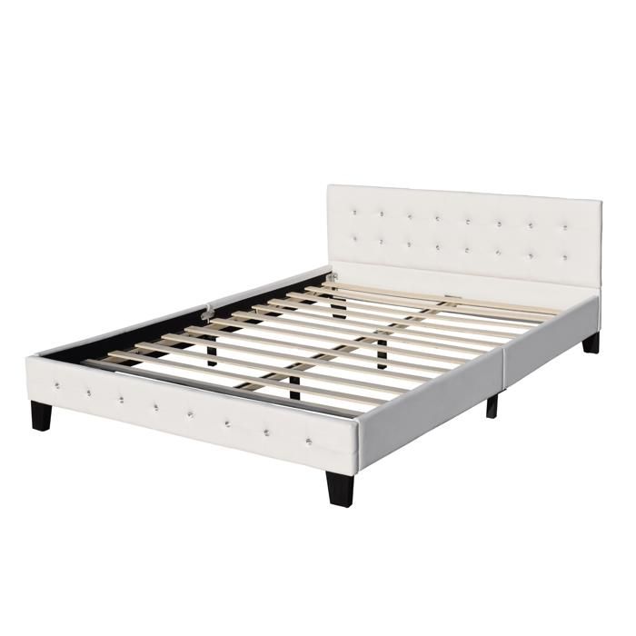 Bed - WHITE - 160x200 Cm - Upholstered Headboard - 2 Places - Slatted Base Included