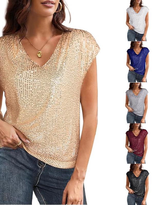 Top da festa da donna lucido con scollo a V e maniche corte a paillettes