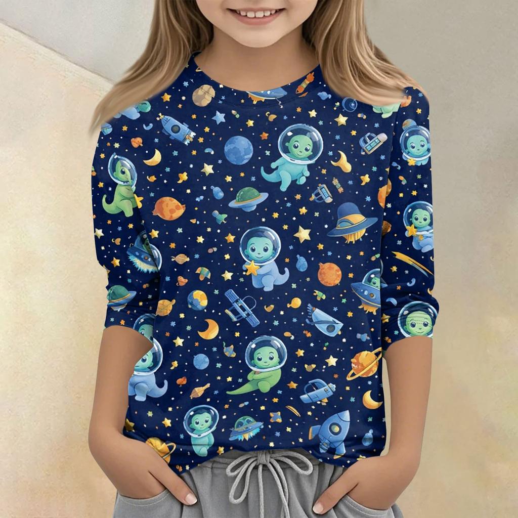 Children's Printed Round Neck Seven Quarter Sleeve Casual T-shirt