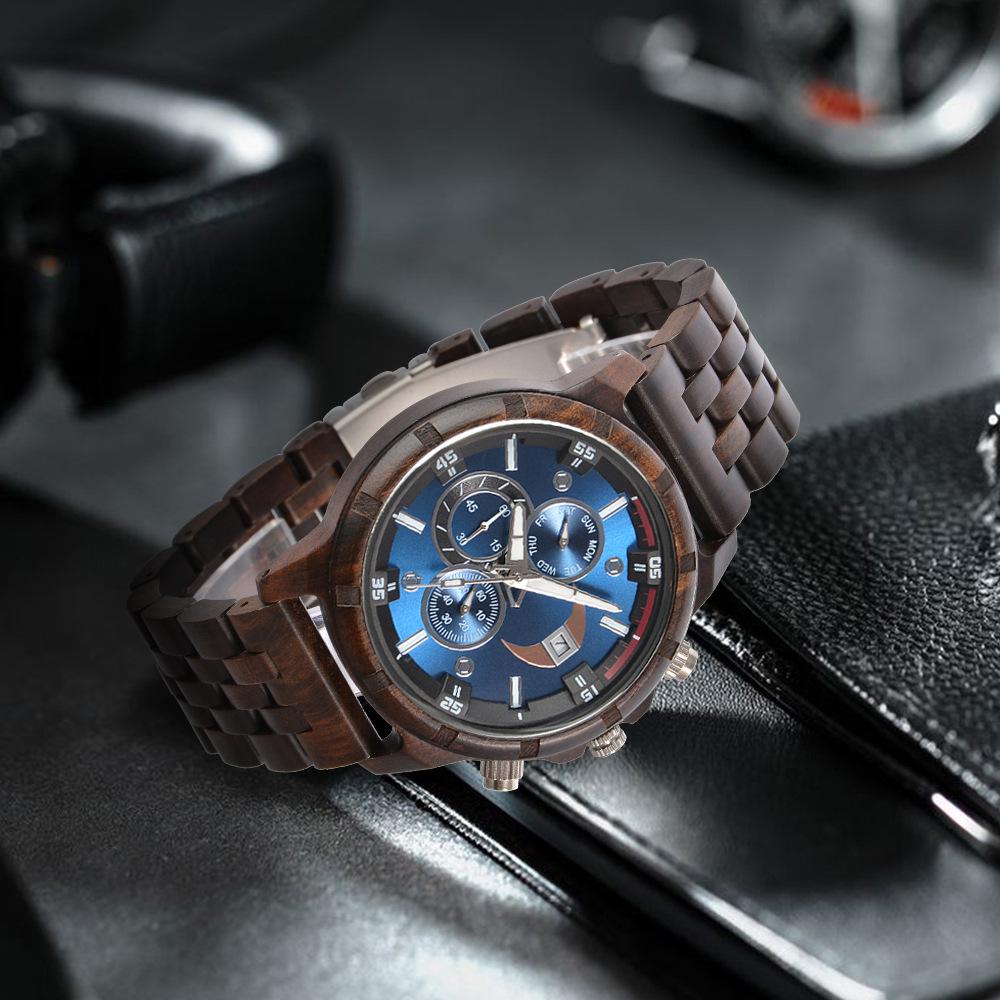 Men's Quartz Wooden Watch with Luminous Multifunctional Large Dial