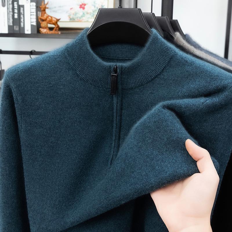 Men's Thick Wool Base Layer Sweater with Half-High Collar and Zipper - Perfect for Autumn and Winter Warmth