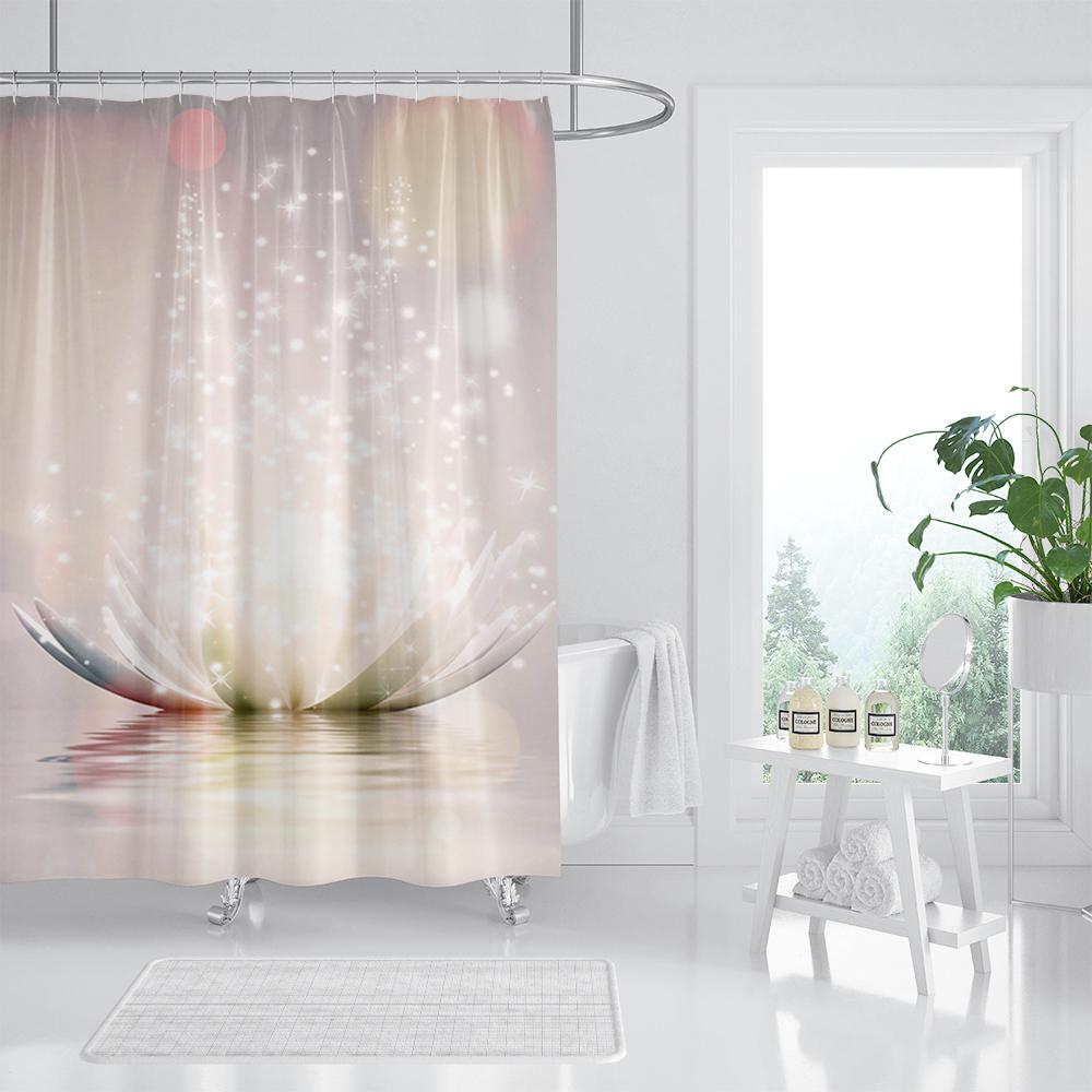 White Lotus Flower Shower Curtains for Zen Spa Bathroom Decor, Asian Floral Polyester Bath Curtain Set, Gift for Women and Girls