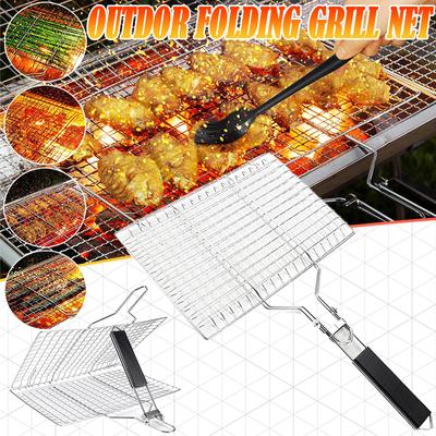 Grilling Basket Folding Portable Outdoor Camping Stainless Steel BBQ Rack with Removable Handle Barbecue Griller Cooking Tool