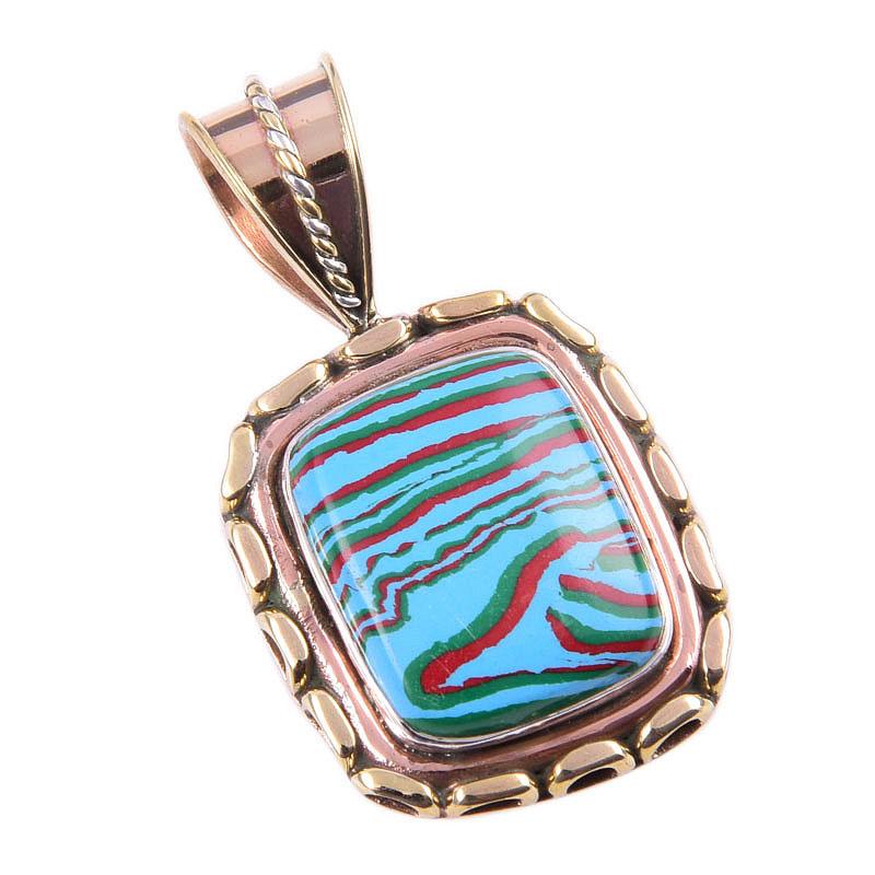 Pierre gemme naturelle Calcica arc-en-ciel Argent massif 925 Pendentif bicolore 1,25'' F0E42