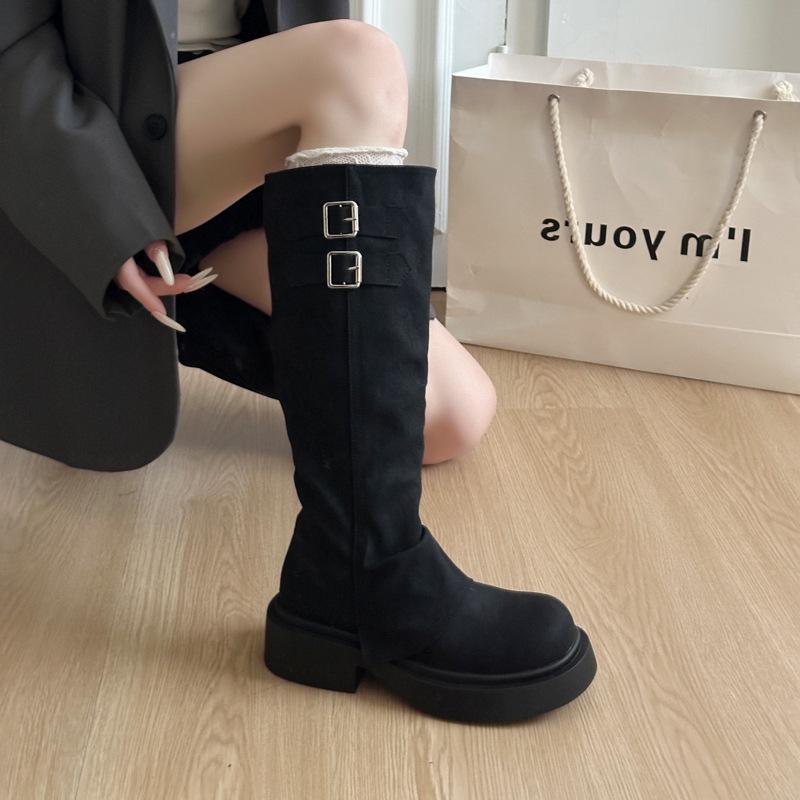 

European and American style thick heel piled boots women s 2025 winter new thin fashion boots retro wrinkled high tube but knee boots 40 чёрный