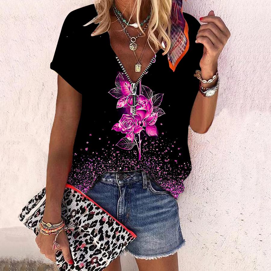 Women's Top Summer New Fashion Rose Flower Flowers In Bloom Printed Casual Zipper V-neck Short Sleeve Top
