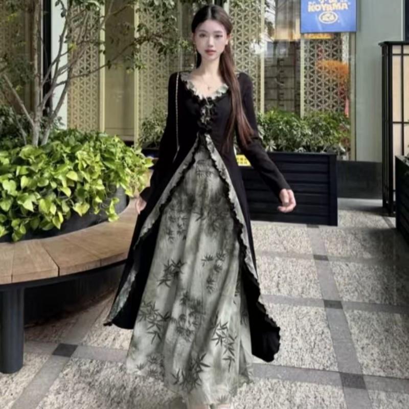 New Chinese Style V-Neck Slim Dress Women Early Plus Size Elegant Long