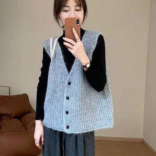 

Женский серый вязаный жилет с V-образным вырезом: Приталенный свободный кардиган без рукавов для многослойности весной и летом S ( 100) серый