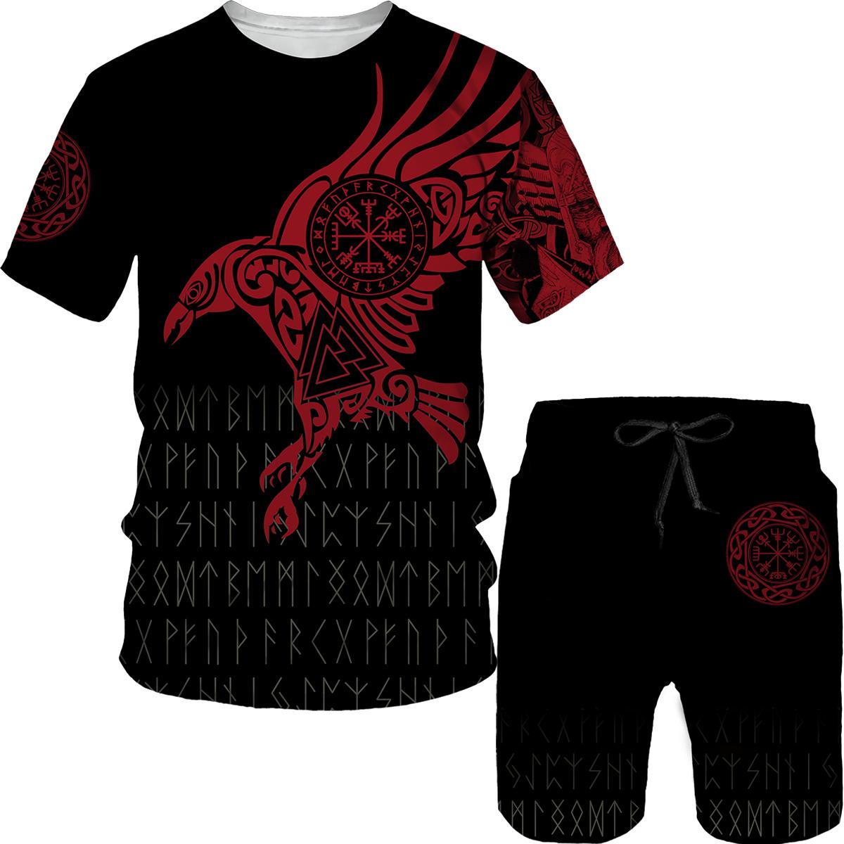 

Летний мужской спортивный костюм, футболка с рисунком викингов + шорты, комплект, повседневная одежда, спортивный спортивный костюм, одежда больших размеров, мужская уличная одежда 4XL
