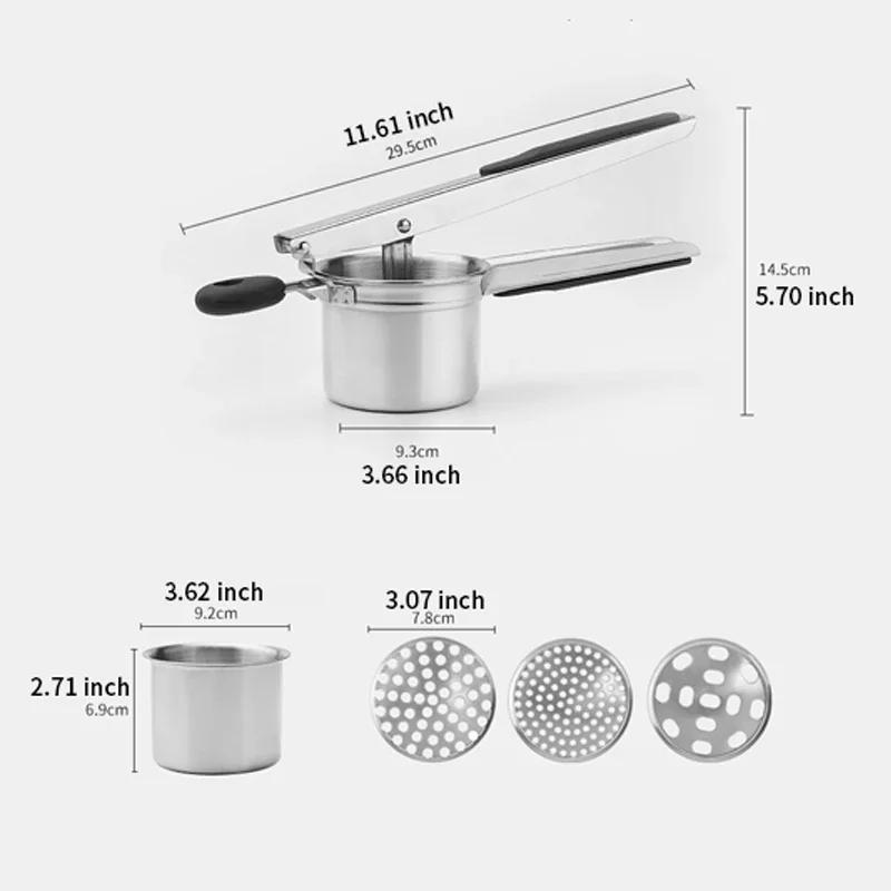 Stainless Steel Potato Masher Heavy Duty Ricer For Mashed Potatoes Potato Press and Kitchen Gadget 3 Interchangeable Discs