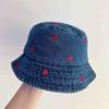 Red heart embroidered cowboy bucket hat female Harajuku retro Hong Kong wind basin hat Internet celebrity spring and summer visor bucket hat
