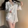 Ice silk pajamas women's summer sexy loungewear boyfriend wind shirt lace satin shorts pure desire wind white shirt pajamas