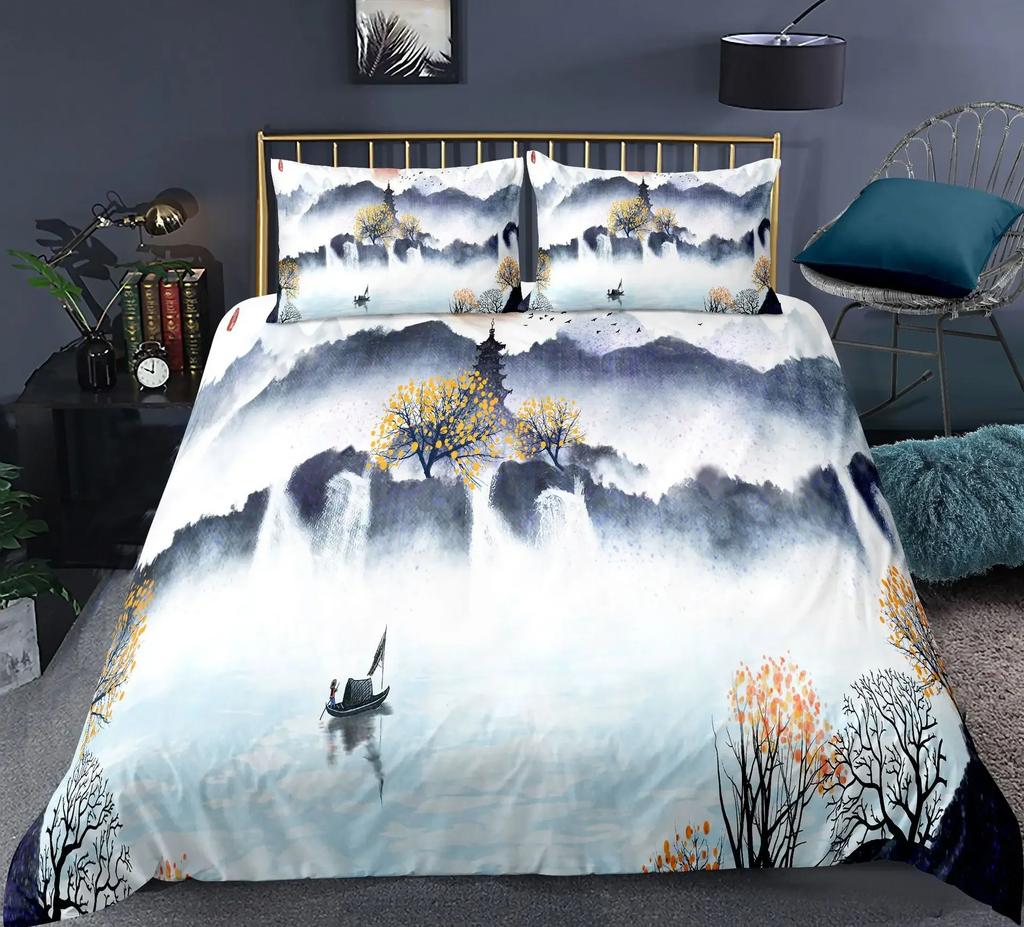 Nature Landscape Duvet Cover King/Queen Size,Chinese Ink Painting Style Bedding Set Mountain River 2/3Pcs Polyester Quilt Cover