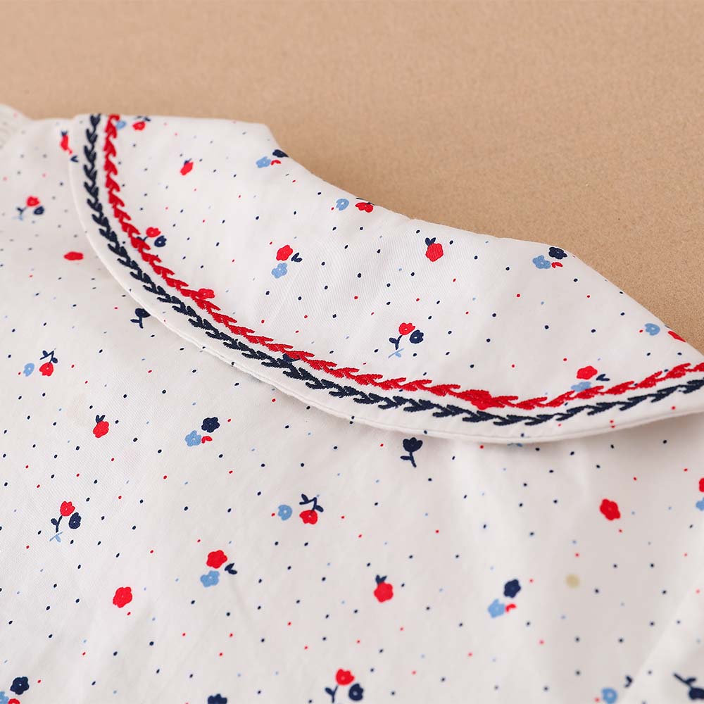 Mädchen Kirschenmuster Langarmshirt Matrosenkragen Marineblau Rot gestreifte Borte Knopfleiste Bluse für 2-6 Jahre alte Kinder