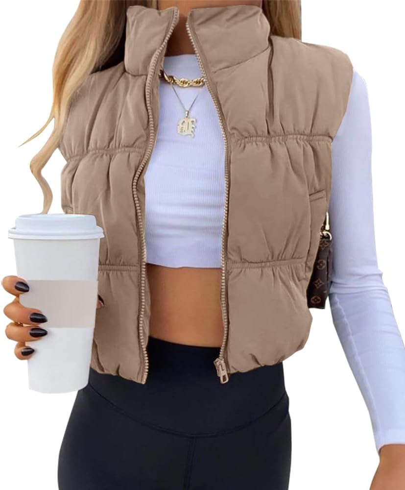 Womens Cropped Puffer Vest Zip Up Sleeveless Lightweight Padded Winter Outerwear