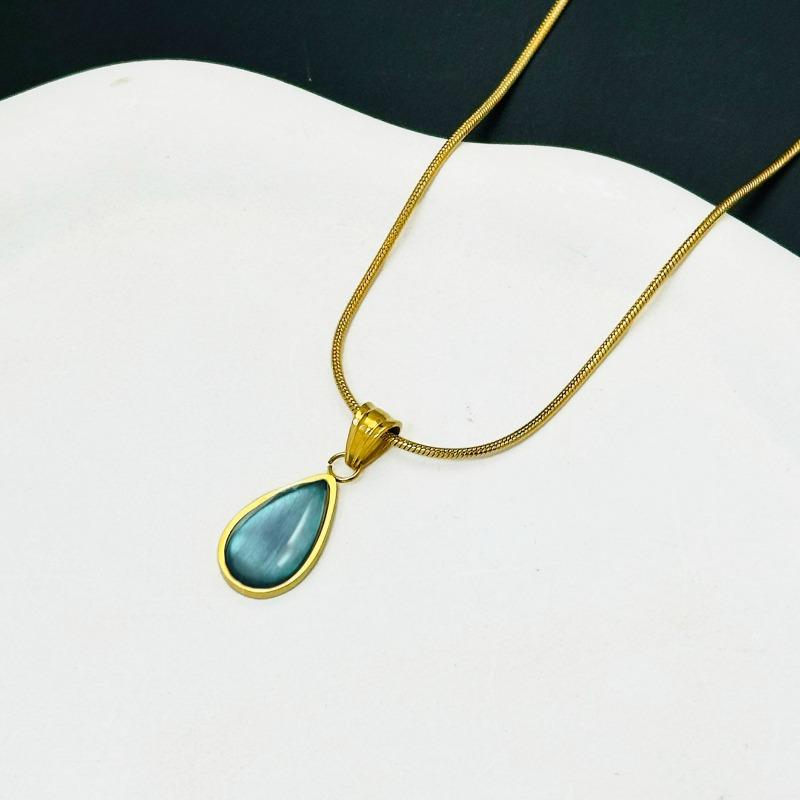 Luxury Gold Stainless Steel Teardrop-shaped Blue and Green Crystal Pendant Necklace Stud Earrings Set for Woman Jewelry