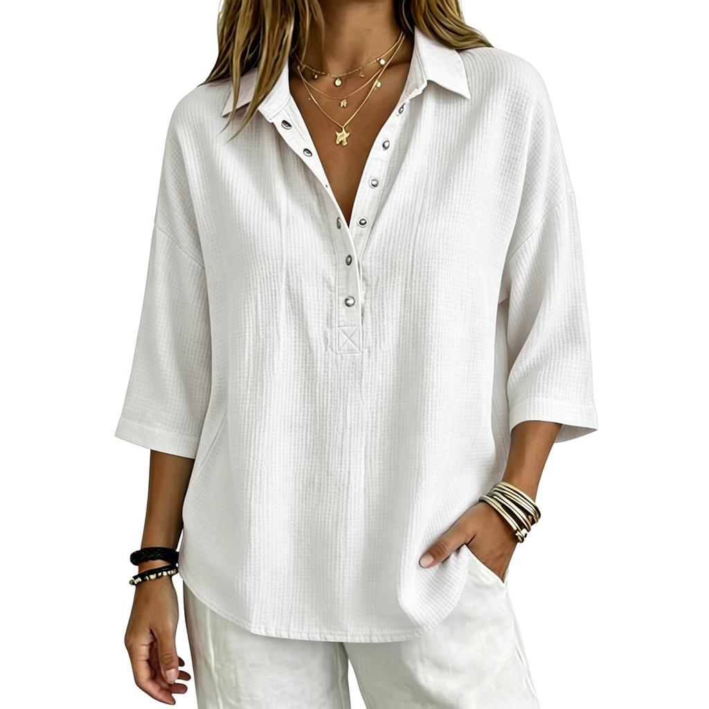 Women's Waffle Knit Top Collar V Neck Half Button 3/4 Sleeve Loose Fit Casual Blouse Multi Color