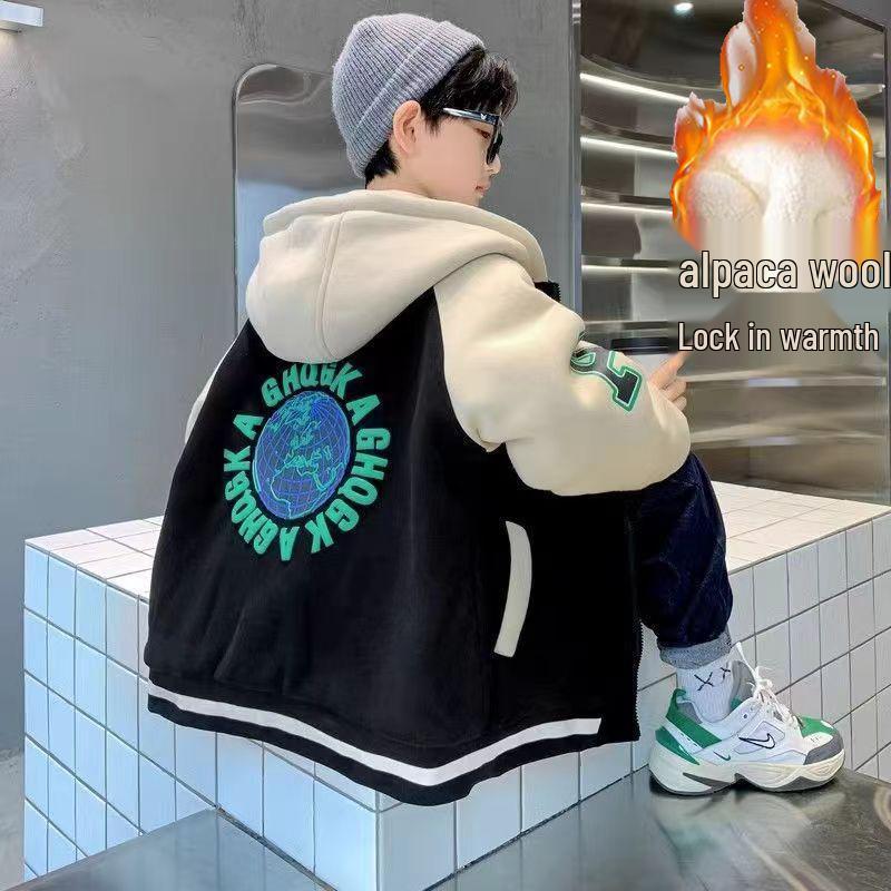 

Boys 2025 Autumn/Winter Velvet Hooded Baseball Jacket 48 cm