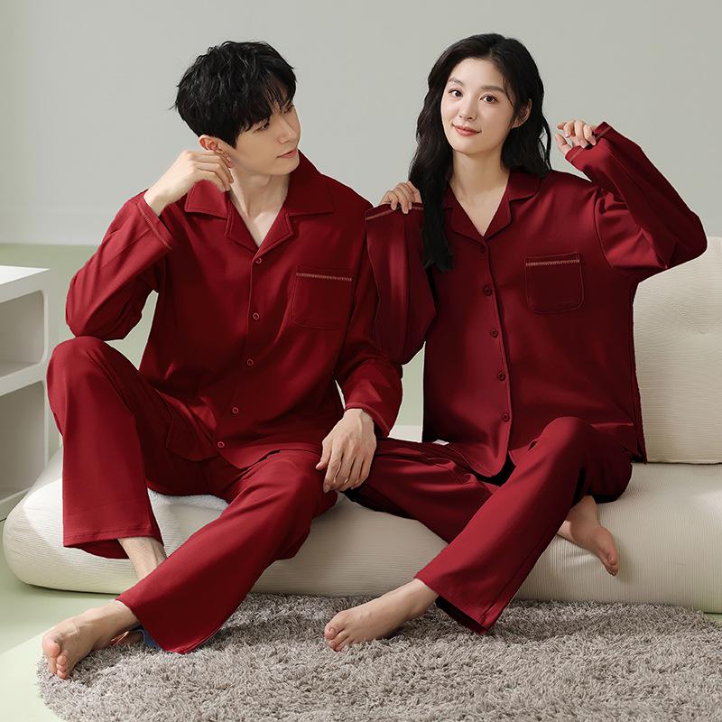 Wedding Couple Red Pajamas Set - Autumn Winter Pure Cotton Long Sleeve Homewear for Him & Her