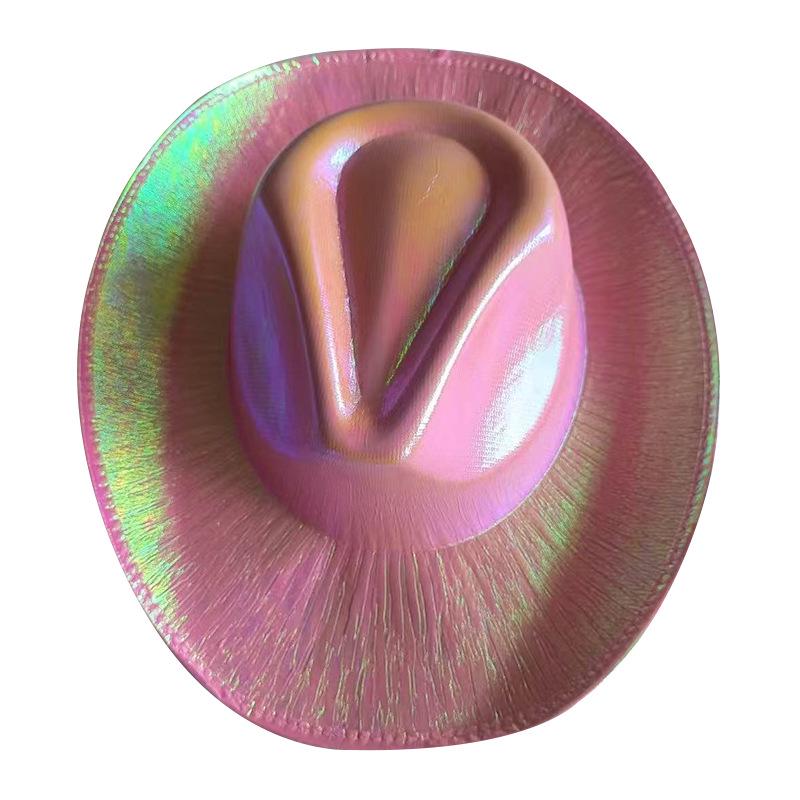 Pink Iridescent Cowboy Hat for Halloween Rave Party, Wide Brim Fluorescent Performance Top Hat.